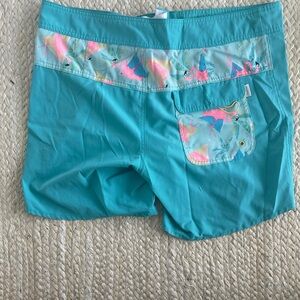 chubbies Teal Swim Trunks with Pink Flamingo Print